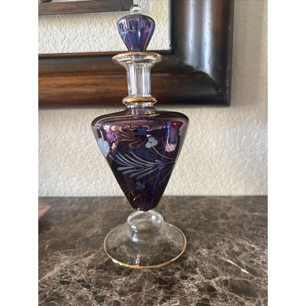 Vintage Egyptian Hand Blown Glass Iridescent  Bottle With Gold Trim